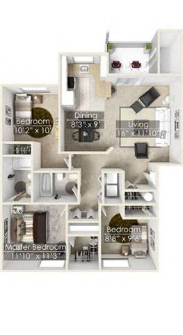 Floor plan for 3 beds, 2 baths, 1338 sqft
